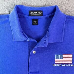 Vintage Jonathan Corey Polo Shirt Mens M Blue SS Collar United We Stand Flag USA